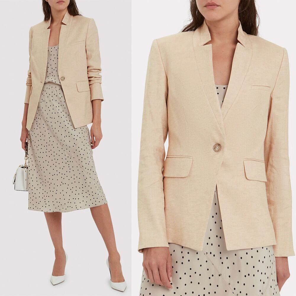 Veronica Beard 0 Upcollar Linen Dickey Jacket $545 Work Farley Blazer Suit Beige